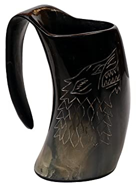 Aasiya Nautical Vikings Valhalla's Game of Thrones Stark House Viking Drinking Horn Mug Wolf Carved tankard for Beer Wine Mead ale