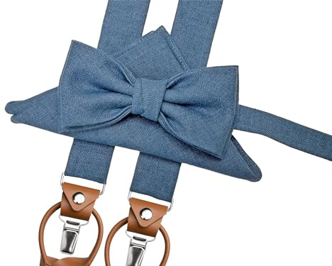 LINILI Leinen Fliege, Hosenträger und Einstecktuch SET, Fliege gebunden und verstellbar, Hosenträger einstellbar- Handgefertigt in EU- Farbe: Denim Blau