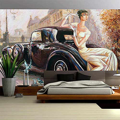 Frtmsticker Papier Peint Autocollant Murale 3D Rétro Voiture Femme Papier Peint Photo 3D Enfants Chambre 3D Murale Pvc Autocollant Wall Art Garçon Fille Chambre Affiche Murale 250X150Cm