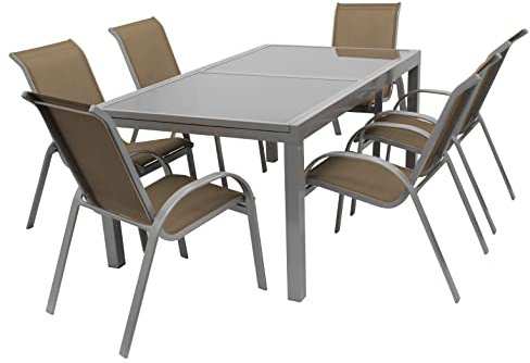 DEGAMO Garnitur Amalfi, Aluminium + Kunststoffgewebe taupefarben. 6X Stapelsessel, 1x Ausziehtisch Gross 200/240x100cm mit Glasplatte