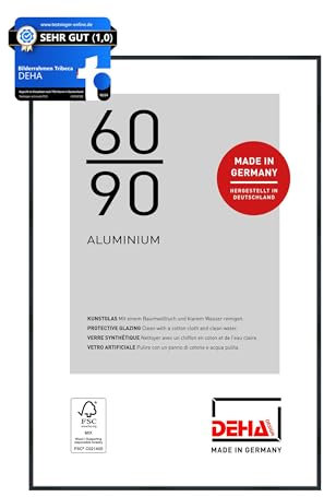 DEHA Design Bilderrahmen, 60 x 90 cm, Aluminium, Schwarz matt, Posterrahmen zum Aufhängen im Hoch- & Querformat, bruchsicheres Kunstglas, Tribeca