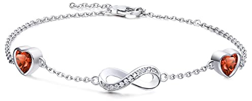 Qings Infinity Unendlichkeit Armband Damen Sterling Silber Geburtsstein Armbänder Armreif mit 2 Herz Charms Verstellba Armkette Valentinstag Muttertag Weihnachten Geschenk für Mama Mädchen