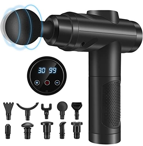 Massagepistole, Muskel Percussion Massagegerät mit 30 Geschwindigkeiten Leise Handmassagegeräte Massage Pistole mit LCD Touchscreen 10 Köpfe Massage Gun für Schulter Körper Rücken Entspannung