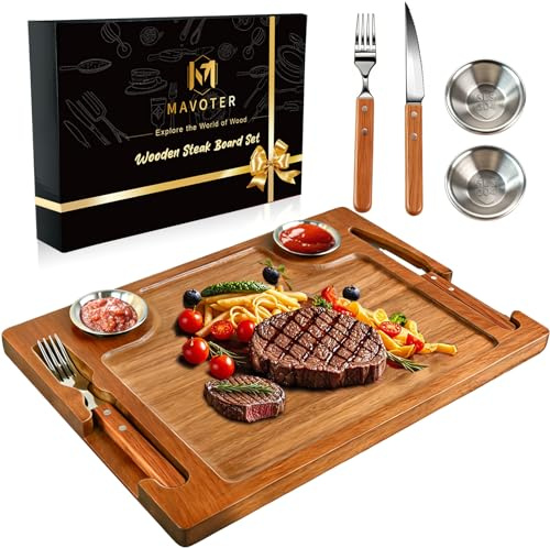 Acacia Wooden Steak Board - Reversible Charcuterie Boards Cutting Board Set with Fork, Knife and 2 SUS304 Ramekins,15.7” Wood Serving Board for Home BBQ,Gift for Women Men(1 Set)