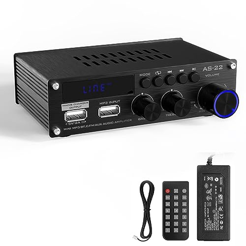 Sunbuck Mini Amplifier, 2 Channel Stereo Amplifier, Power Amplifier Max 300Wx2 Output, Bluetooth Amplifier for Home Speakers, Stereo Receiver with RCA/USB/FM/AUX, Mini Amplifier for Speakers, AS-22