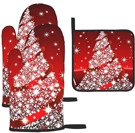 Lot de 3 gants de cuisine et maniques résistants à la chaleur et lavables Motif arbre de Noël Rouge
