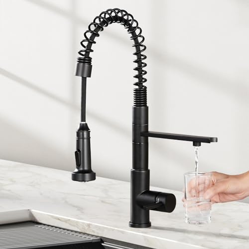 CREA Kitchen Faucets with Water Filter Faucet Buil-in,3 Way Drinking Water Faucet for Kitchen Sink,Black Kitchen Faucet with Pull Down Sprayer,Rotatable Spring Gooseneck Stainless Steel Single Handle