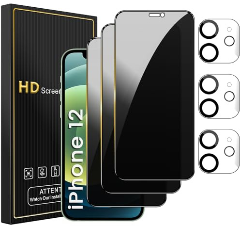 Romkasi 3 Pack Privacy Screen Protector for iPhone 12 6.1 Inch with 3 Pack Camera Lens Protector, Anti Spy Tempered Glass Film, Anti-Scratch, Touch Sensitive, Case Friendly