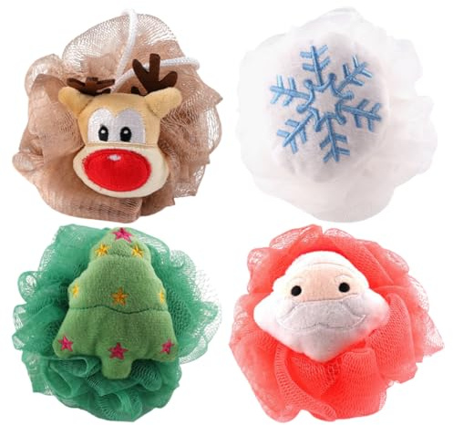 PRETYZOOM 4 Stück Weihnachts Badebälle Santa Claus Duschschwamm Körperpeeling Netzball Für Gründliche Hautreinigung Und Reichhaltigen Schaum Geschenkidee Für Familie Und Freunde