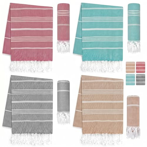 Nuenen 4 Teli da Mare Morbidi 90 x 200 cm Grande Telo da Spiaggia Assorbente Asciugamano Hammam Turco Leggero Compatto per Bagno Yoga Sauna Spa Sport Piscina Palestra Adulti, 4 Colori (Elegante)