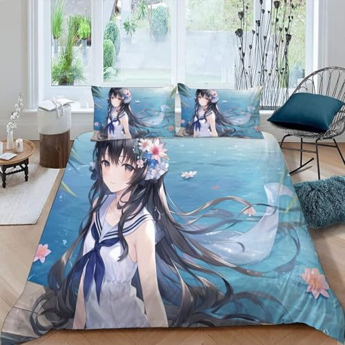 DILANI Anime Mädchen Bettwäsche-Set 135x200cm Japanische Manga-Kawaii 3D-Druck Weiche Mikrofaser 3 Teilig Bettbezüge mit Reißverschluss und 2 Kissenbezüge 80 x 80 cm für Erwachsene Kinder