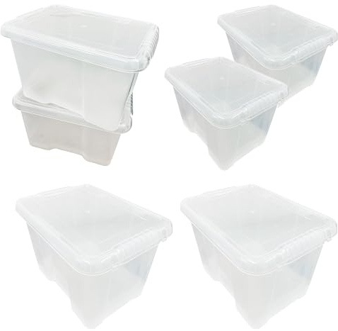 Pluto Packaging Large Spacious 24 Litre Clear Plastic Transparent Home Office Schools Storage Organising Containers With Lids (5 Storage Boxes)