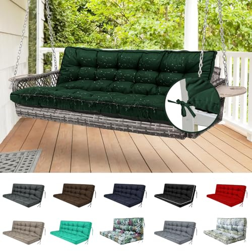 YQNUCO Outdoor Swing Cushions, Waterproof Porch Swing Cushions 3 Seater Replacement with Backrest, 4 Thicken Bench Cushion with Ties for Backyard, Patio, Lawn and Garden (Dark Green, 55 inch)