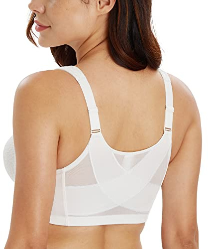 Lemorosy Women's Wirefree Jacquard Back Support Bra Full Figure Front Closure Posture Underwear(White,36B)