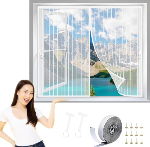 Fliegengitter für Fenster 70 x 122 cm Magnetische Insektenschutztür Auto Schließen Magnetische Adsorption für Alle Tür- Und Fenstergrößen, Weiß