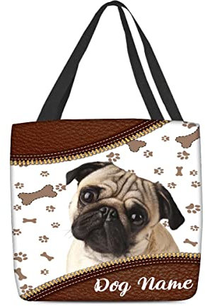 Bolsa Tote Bag Paño De Tela Perro Pug Cervatillo Lindo Personalizado Bolso De Lona Para Mujer Reutilizables Tote Bag Durable Bolsa Playa Para El Trabajo, Viajes, Compras