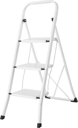 2 Step 3 Step Steel Portable Folding Heavy Duty Anti Slip Step Ladders For DIY Gardening 150kg Capacity Kitchen Home Industrial Strong Durable Space Saving Safety Lock Ladders (Full White, 3 Steps)