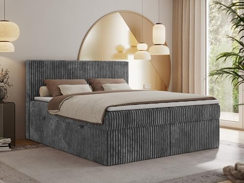 MKS MEBLE Boxspringbett 180x200 Grau Cord, Boxspringbett mit Matratze H3 + Topper T25, Bett mit Bettkasten and Kopfteil, Doppelbett mit Stauraum Polsterbett - Tiliano