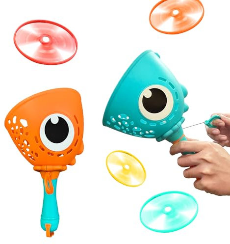 Gofimyee Double Pull String Dinosaurier Frisbee Fliegende Untertasse Launcher Spielzeug, 2 Flying Disc Launcher mit 24 Discs, Propeller Spielzeug Kinder, Gartenspielzeug Kinder