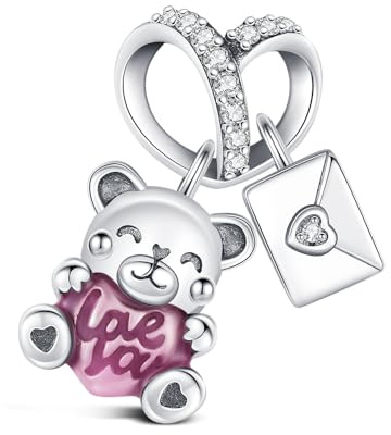KEQ Pulseras Charms Plata de Ley 925 Abalorios Charms Colgantes de Animales de amor familiar Cuentas Compatible con Pulsera Europeo Charms para Mujer (forma de oso y corazón)