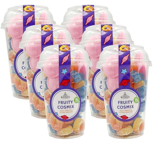 Bonds of London Fruity Cosmix Pick 'N' Mix Cups, 290 g (Pack of 6) | Retro Fizzy Jelly Sweets & Flying Saucers