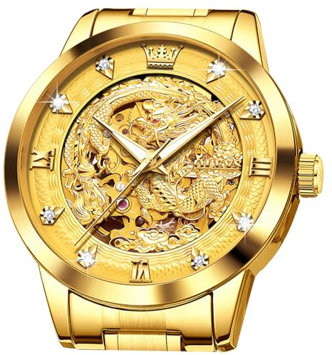 OLEVS Dragon Skeleton Mens Automatic Watch 42MM Large Dial Gold Luxury Self-Winding Diamond Waterproof Stainless Steel Business Tourbillon Mechanical Watches