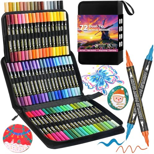 Laconile 72 Acrylstifte Set – Wasserfest, Doppelspitze (feine Spitze/Pinsel, 1-5mm), Multimarker für Steine, Holz, Glas, Keramik in Stofftasche – Acrylic Paint Marker für Künstler & DIY (72 Bag Pack)