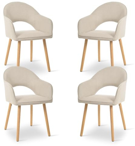 Goeurvant Beige Dining Chairs Set of 4, Upholstered Chairs with Armrests& Wooden Legs, Wool Linen Blend Armchairs, Ergonomic Kitchen Chair, Living Room Chair for Dining Room and Kitchen, Beige