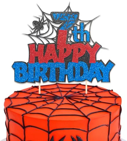 DazzJoy Spider Happy Birthday Cake Topper 7. Geburtstag Junge,Glitzer Torten Deko 7 Geburtstag Junge,Spider Tortendeko Kindergeburtstag,Happy 7th Birthday Kuchendeko