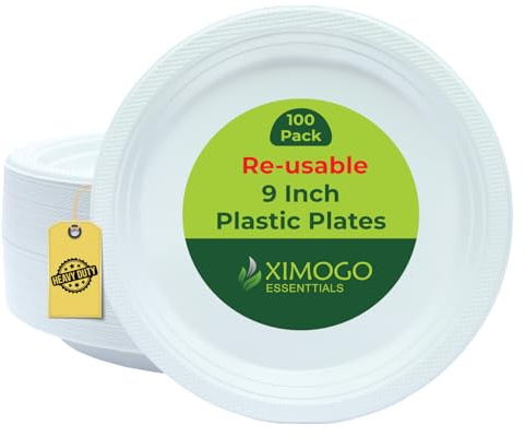 XIMOGO Pack of 100 Reusable White Bowls & Plates (9Inch White Plates, 100 Pack)