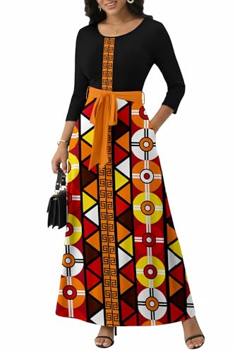 FANDEE Long Dress for Women Casual African Print Empire Waist Maxi Dresses for Wedding Guest, Church, M-3XL, Black Print, M