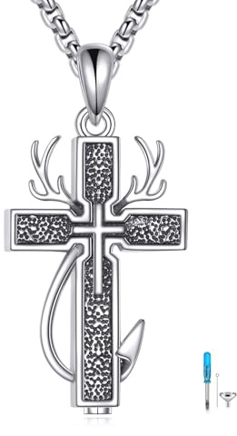YAFEINI Kreuz-Urnen-Halskette für Asche, 925er Sterlingsilber, Angelhaken-Urnen-Anhänger, Halskette, Feuerbestattungsschmuck, Gedenkgeschenke für Frauen und Männer