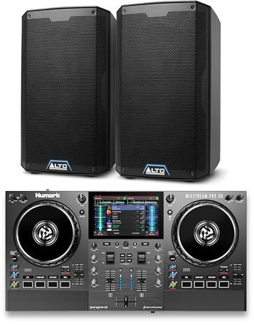 Numark Mixstream Pro Go DJ Controller and ALTO TS415 Powered PA Speakers Pair for Live Music, DJ sets, Events, Music production