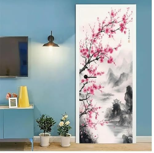 Pegatina Puerta Japón Efecto 3D Papel Pintado de Puertas Autoadhesivo Flores de Cerezo Vinilos Puerta Pegatina Pared Murales para Cocina Sala de Baño Decorativos 77 x 200 cm G821