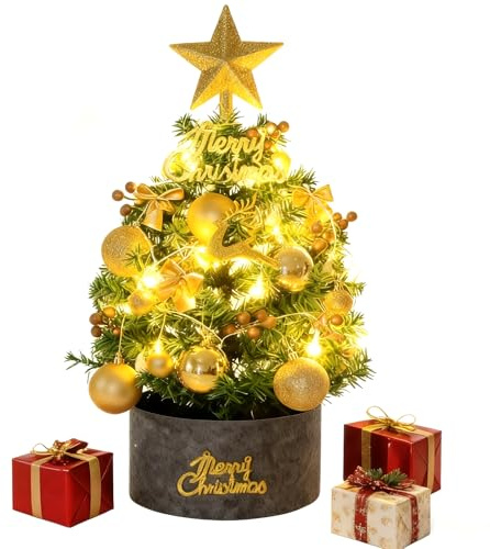 Weihnachtsbaum mit Beleuchtung?Mini Weihnachtsbaum,mit Weihnachtskugel Christbaumspitze Stern,Goldener Bogen, Weihnachtsbaum Klein Beleuchtet für Partys Zuhause Weihnachten Deko Hoch 23.6inch