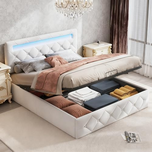 BRYXR Bett 160x200, Polsterbett Doppelbett mit LED, Hydraulisch Stauraumbett mit Lattenrost, Verstellbare Kopfteil, Funktionsbett, Jugendbett, Ohne Matratze, Beige Samt