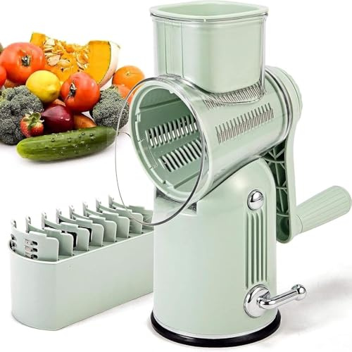 Rallador de alimentos de manivela, cortador de verduras multifunción con 5 cuchillas de repuesto para rallar fácilmente pepinos, queso, zanahorias y cebollas