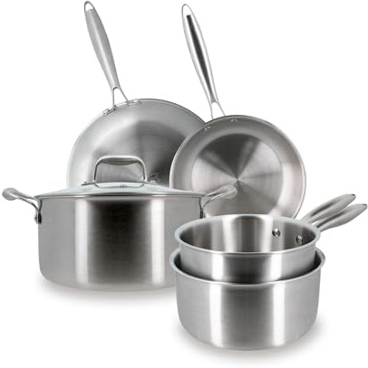 MENASTYL - Batterie de cuisine inox 5 pièces Trinox tous feux dont Induction - Structure 3 couches - Sans substances nocives - Lave-vaisselle - 2 poêles, 2 casseroles, 1 faitout - 6014261