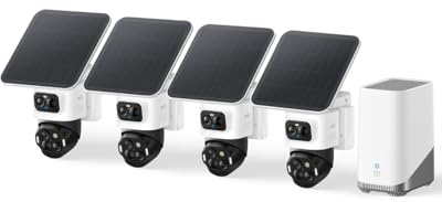 eufyCam S4 4‑Kamera‑Set, kabellose Solar‑Überwachungskamera außen, 3‑Linsen Bullet‑PTZ‑Kamera, 4K UHD, 360° Multi‑Kamera‑Tracking, Auto‑Tracking, 8× Hybridzoom, Farbnachtsicht, 16TB lokaler Speicher