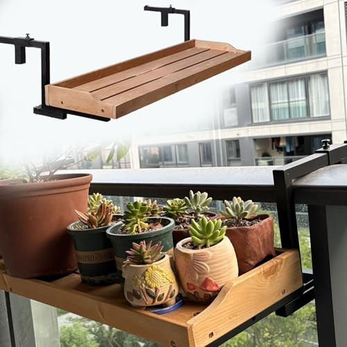 Generico tavolo ringhiera balcone pieghevole Tavolo da balcone con ringhiera da 60, 90 e 120 cm di lunghezza, tavoli da parete in legno da 25 cm di larghezza con gancio regolabile(L 90 CM)