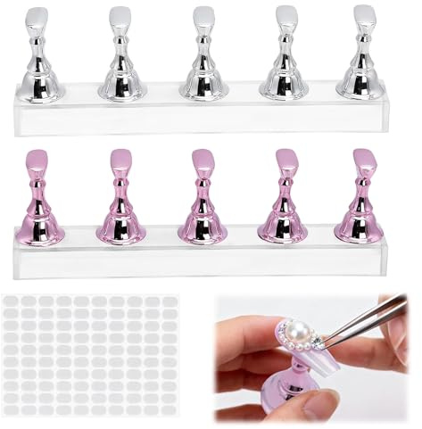 2Pcs Supports Magnétiques pour Faux Ongles, Presentoir à Ongles Capsules avec Base Acrylique et 100 Autocollants, Support Nail Art Magnétique (Rose et Argent)
