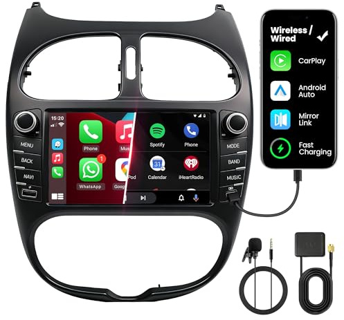 FLUXEONS Autorradio Doble DIN con Pantalla para Peugeot 206 (1998-2009), CarPlay & Android Auto Inalámbrico, Pantalla Táctil Auto de 7, 4GB+64GB, Bluetooth WiFi 5 GHz Dab+ FM AUX GPS