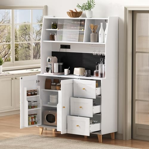 Kelodan Mobile alto con prese e piano perforato, armadio da bar con porta bicchieri da vino e vano portaoggetti, armadio da cucina con cassetti, ideale per cucina e sala da pranzo (bianco)