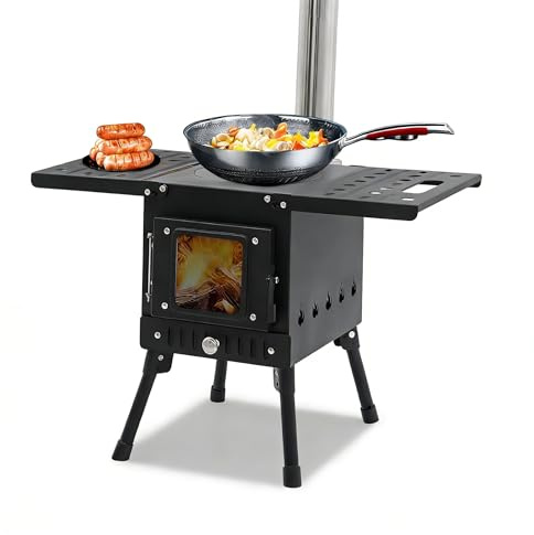 Poêle à bois de tente avec tube, poêle de camping portable, poêle de jardin, poêle de camping avec tuyaux de cheminée et gants, poêle à bois en forme de fusée, chauffage extérieur, camping, chauffage