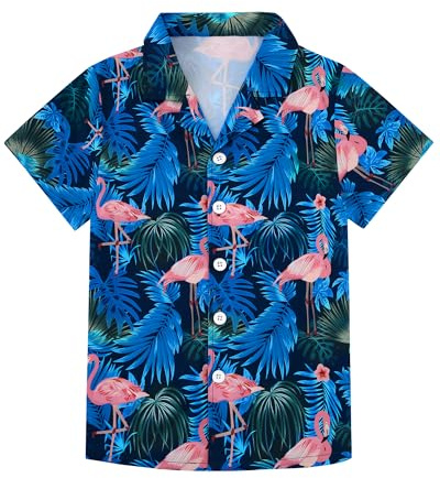 YALLET Boys Hawaiian Shirt Button Down Shirt 11Y 12Y Girls Tropical Beach Shirts Kids Summer Short Sleeve Tops Floral Vacation Clothes for 11 12 Years(Flamingo - Deep Blue,11-12Y)