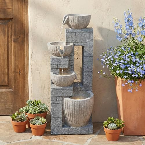 80 cm piatto in pietra stratificata con fontana a LED per giardino, terrazza, balcone e prato, crea un'oasi tranquilla all'esterno/in grigio pietra