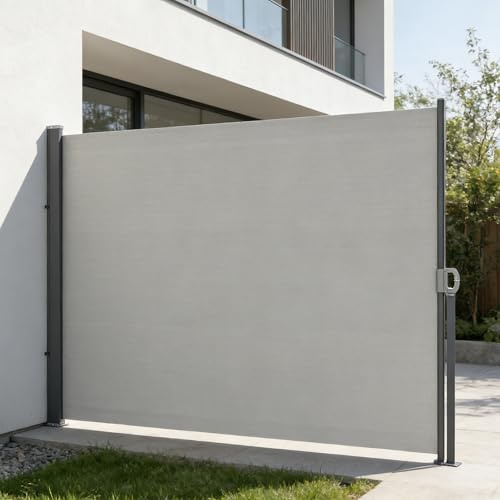 Verdego Seitenmarkise Ausziehbar 160 x 300 cm, Sichtschutz Ausziehbar mit Wandhalterung, Windschutz, Wasserdicht, Polyester, Seitenmarkiese, Seitenrollo für Terrasse Balkon Garten (Hellgrau)