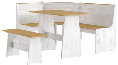 Foknhdi Eckbankgruppe Reine aus massiver Kiefer 151x118x85 cm Honigbraun/Weiß flexibel montierbare Massivholz Essgruppe platzsparend für Küche Esszimmer Wintergarten