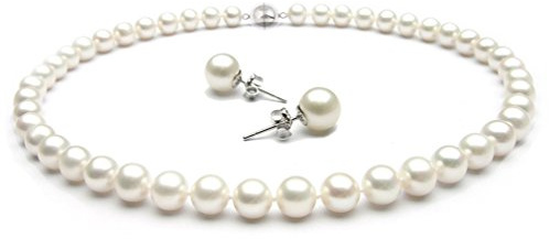 TreasureBay Set Collana e Orecchini perle donna | Fatto a mano 8-9mm AA Grade Collana perle d'acqua dolce bianche e Orecchini a bottone per donne e ragazze