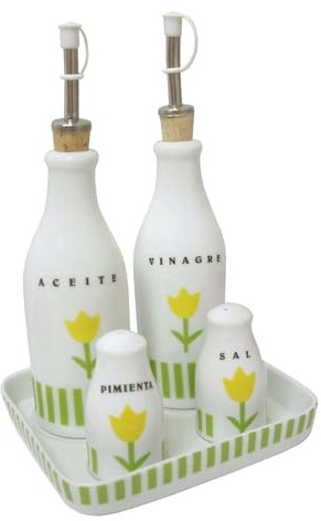 JUEGO ACEITERA VINAGRERA SAL SALERO PIMIENTA PIMENTERO PORCELANA RAYAS TULIPAN VERDE
